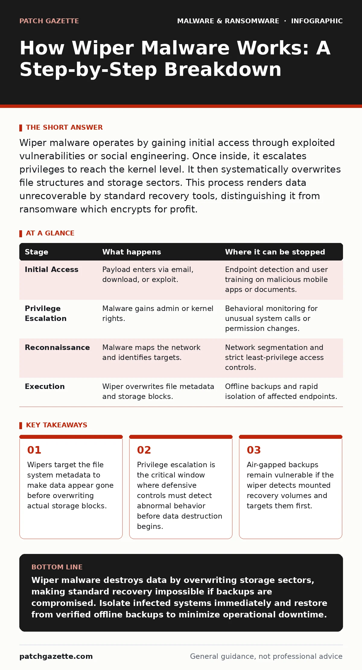 Infographic: How Wiper Malware Works: A Step-by-Step Breakdown. Wipers target the file system metadata to make data appear gone before overwriting actual storage blocks. Privilege escalation is the critical window where defensive controls must detect abnormal behavior before data destruction begins.
