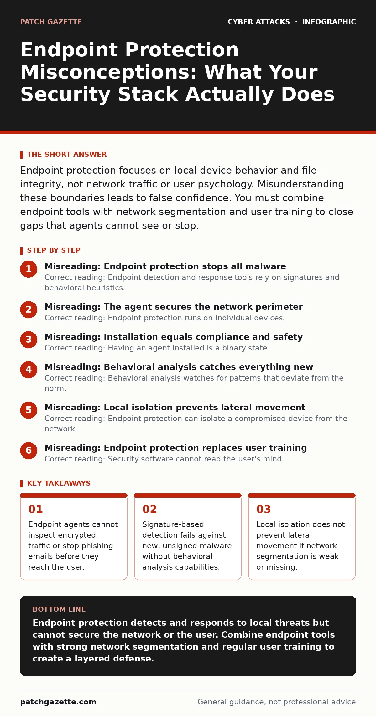 Infographic: Endpoint Protection Misconceptions: What Your Security Stack Actually Does. Endpoint agents cannot inspect encrypted traffic or stop phishing emails before they reach the user. Signature-based detection fails against new, unsigned malware without behavioral analysis capabilities. Local