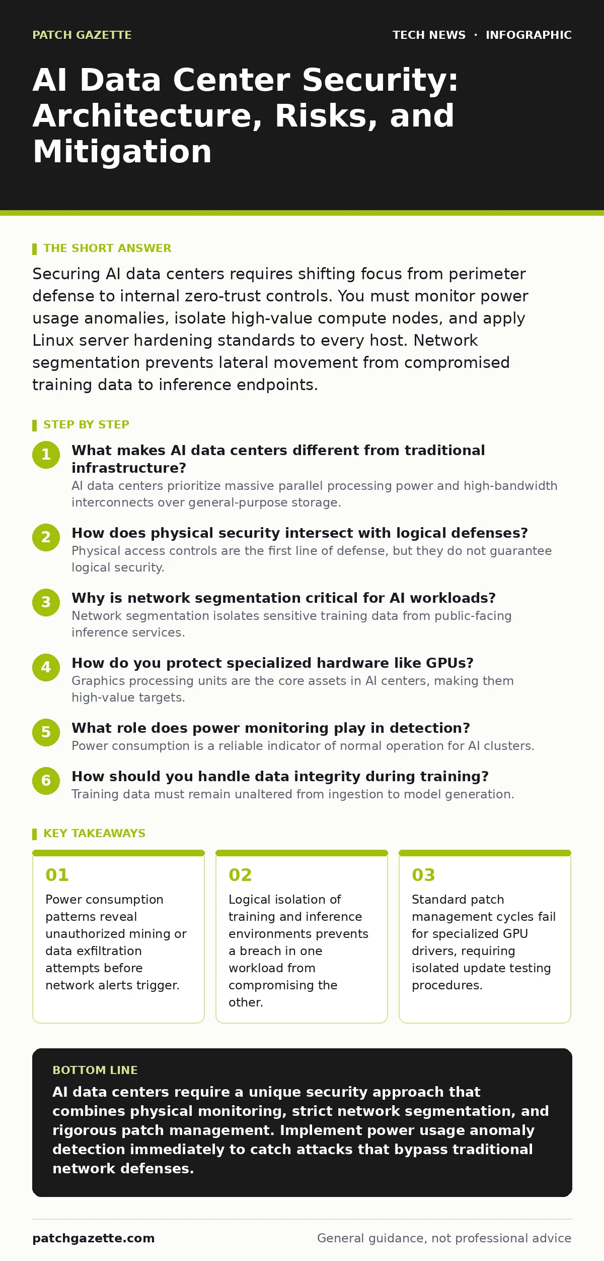 Infographic: AI Data Center Security: Architecture, Risks, and Mitigation. Power consumption patterns reveal unauthorized mining or data exfiltration attempts before network alerts trigger. Logical isolation of training and inference environments prevents a breach in one workload from compromising t