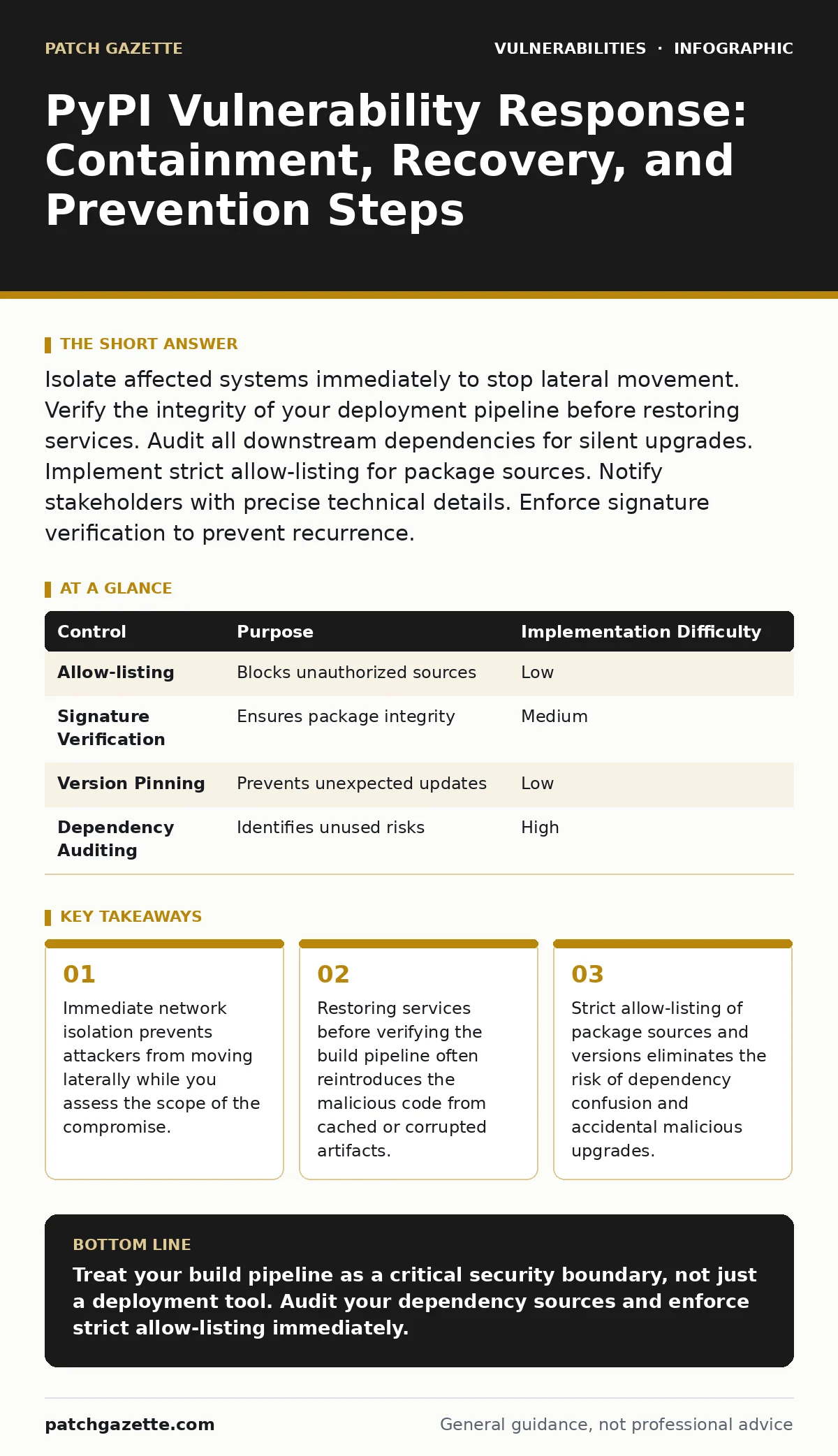 Infographic: PyPI Vulnerability Response: Containment, Recovery, and Prevention Steps. Immediate network isolation prevents attackers from moving laterally while you assess the scope of the compromise. Restoring services before verifying the build pipeline often reintroduces the malicious code from