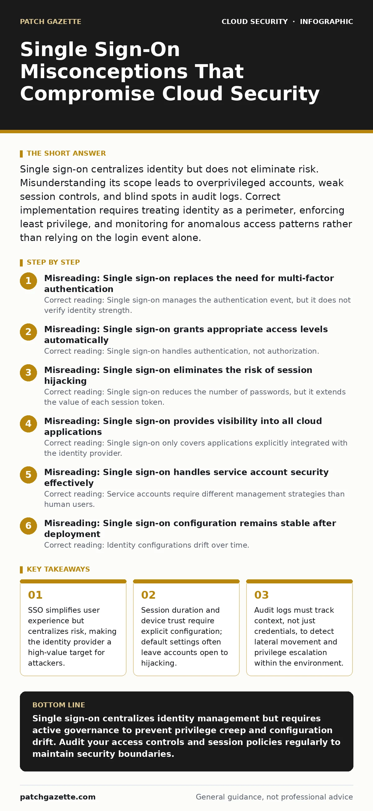 Infographic: Single Sign-On Misconceptions That Compromise Cloud Security. SSO simplifies user experience but centralizes risk, making the identity provider a high-value target for attackers. Session duration and device trust require explicit configuration; default settings often leave accounts open