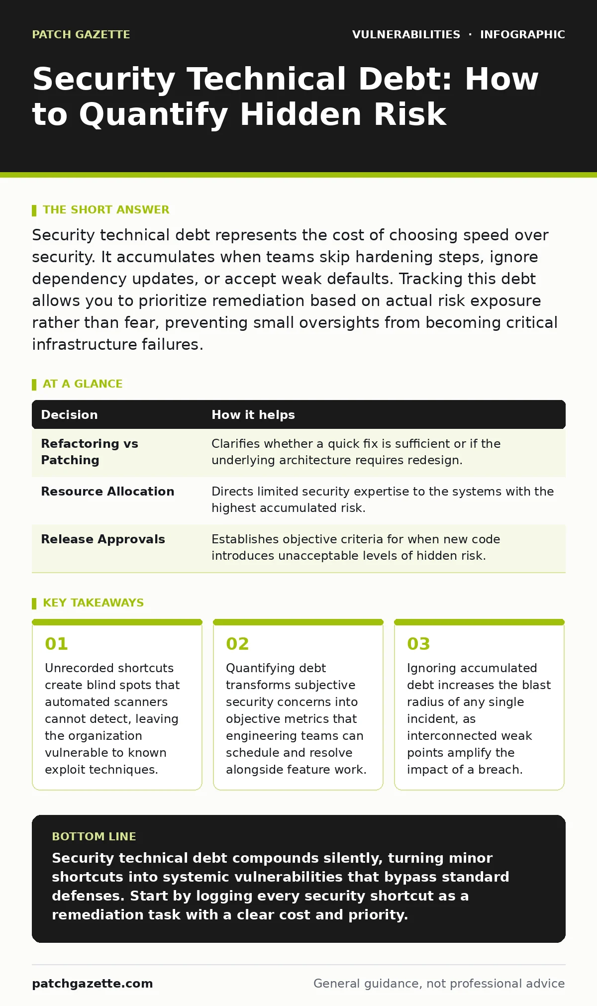 Infographic: Security Technical Debt: How to Quantify Hidden Risk. Unrecorded shortcuts create blind spots that automated scanners cannot detect, leaving the organization vulnerable to known exploit techniques. Quantifying debt transforms subjective security concerns into objective metrics that engi