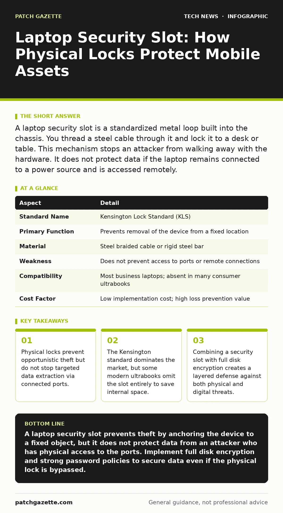 Infographic: Laptop Security Slot: How Physical Locks Protect Mobile Assets. Physical locks prevent opportunistic theft but do not stop targeted data extraction via connected ports. The Kensington standard dominates the market, but some modern ultrabooks omit the slot entirely to save internal space