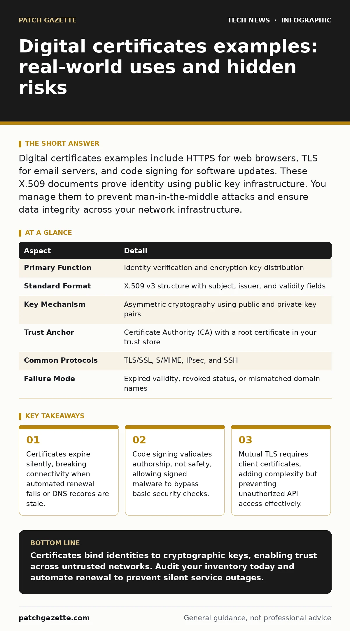 Infographic: Digital certificates examples: real-world uses and hidden risks. Certificates expire silently, breaking connectivity when automated renewal fails or DNS records are stale. Code signing validates authorship, not safety, allowing signed malware to bypass basic security checks. Mutual TLS