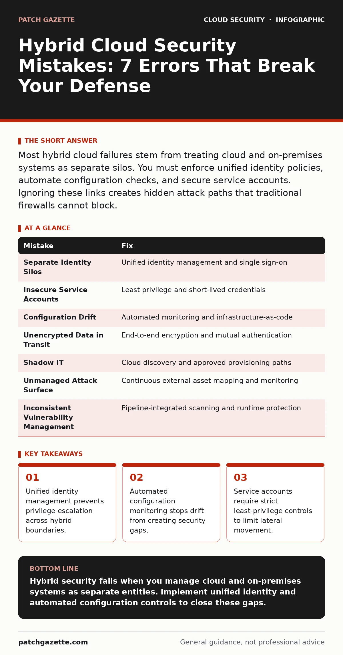 Infographic: Hybrid Cloud Security Mistakes: 7 Errors That Break Your Defense. Unified identity management prevents privilege escalation across hybrid boundaries. Automated configuration monitoring stops drift from creating security gaps. Service accounts require strict least-privilege controls to l