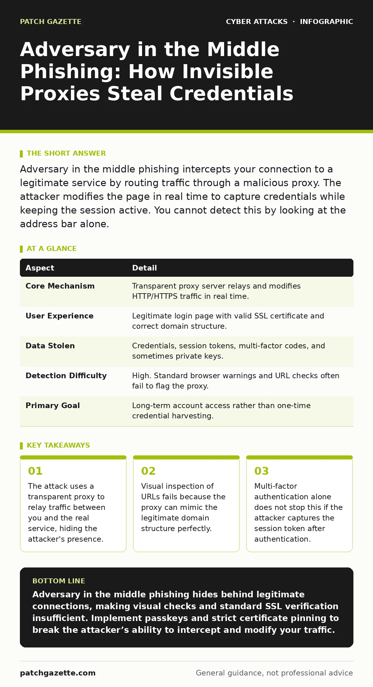 Infographic: Adversary in the Middle Phishing: How Invisible Proxies Steal Credentials. The attack uses a transparent proxy to relay traffic between you and the real service, hiding the attacker's presence. Visual inspection of URLs fails because the proxy can mimic the legitimate domain structure p