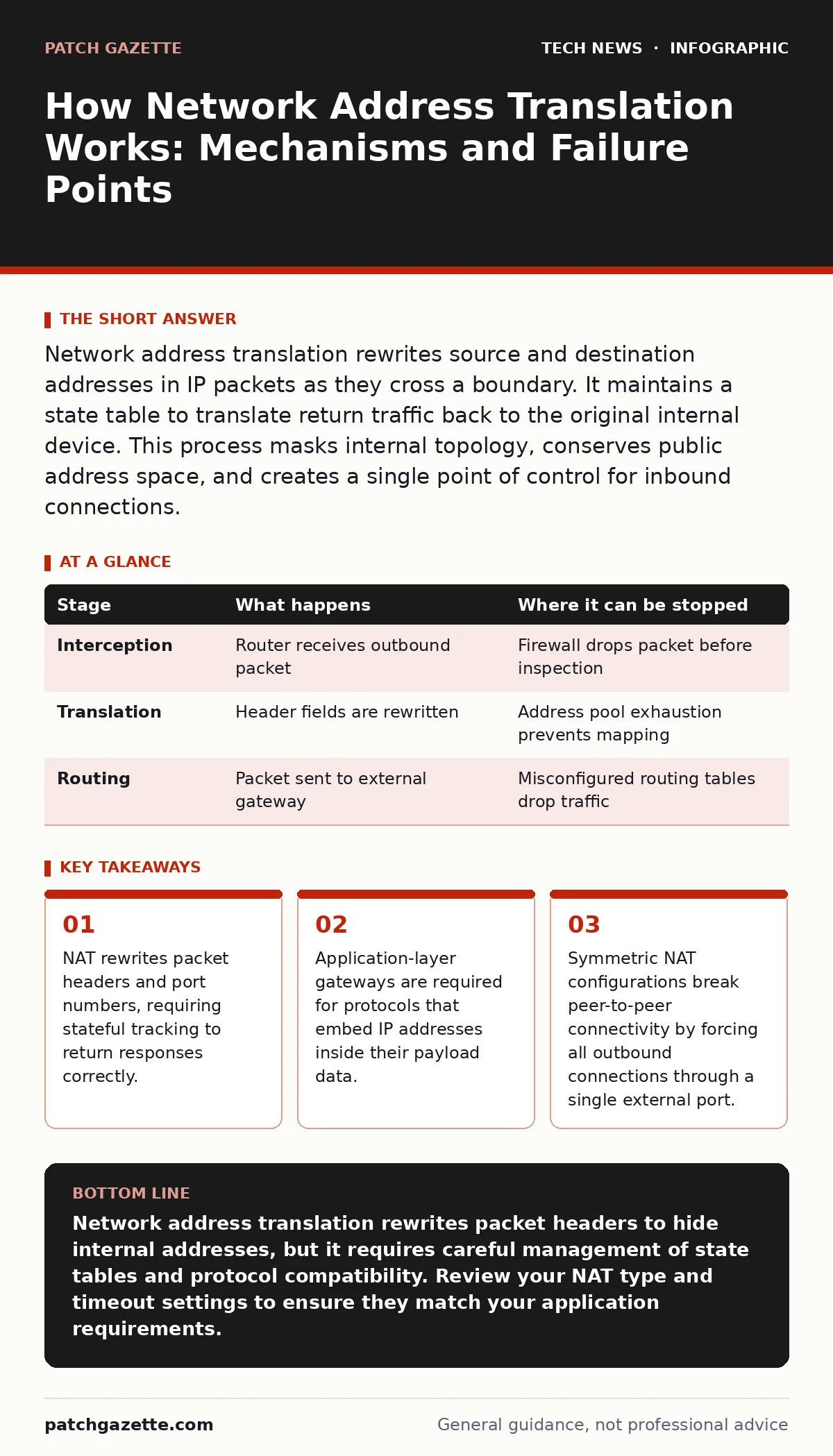 Infographic: How Network Address Translation Works: Mechanisms and Failure Points. NAT rewrites packet headers and port numbers, requiring stateful tracking to return responses correctly. Application-layer gateways are required for protocols that embed IP addresses inside their payload data. Symmetr