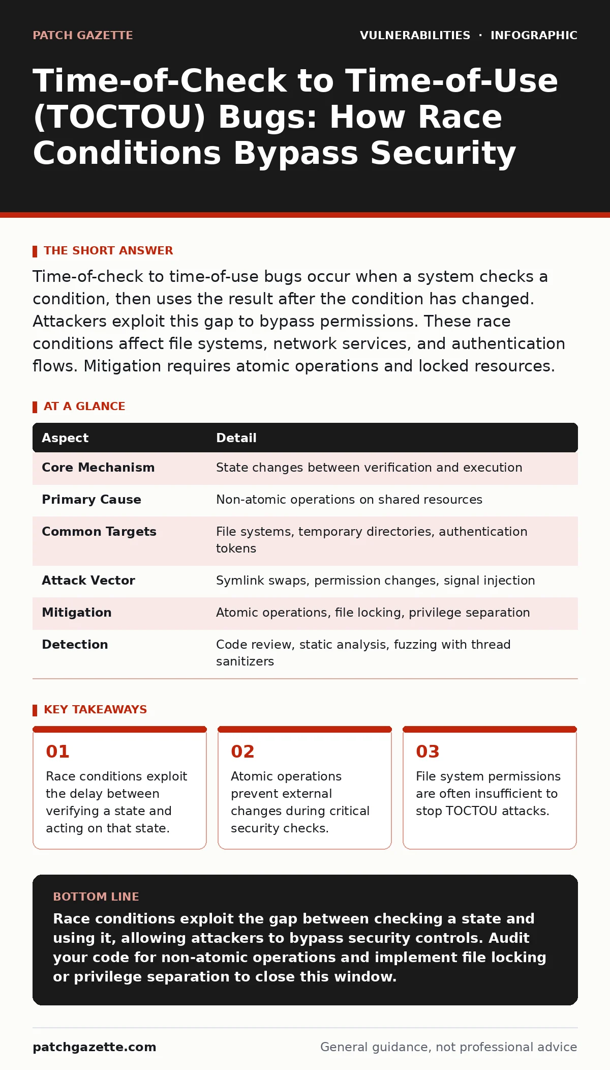 Infographic: Time-of-Check to Time-of-Use (TOCTOU) Bugs: How Race Conditions Bypass Security. Race conditions exploit the delay between verifying a state and acting on that state. Atomic operations prevent external changes during critical security checks. File system permissions are often insufficie
