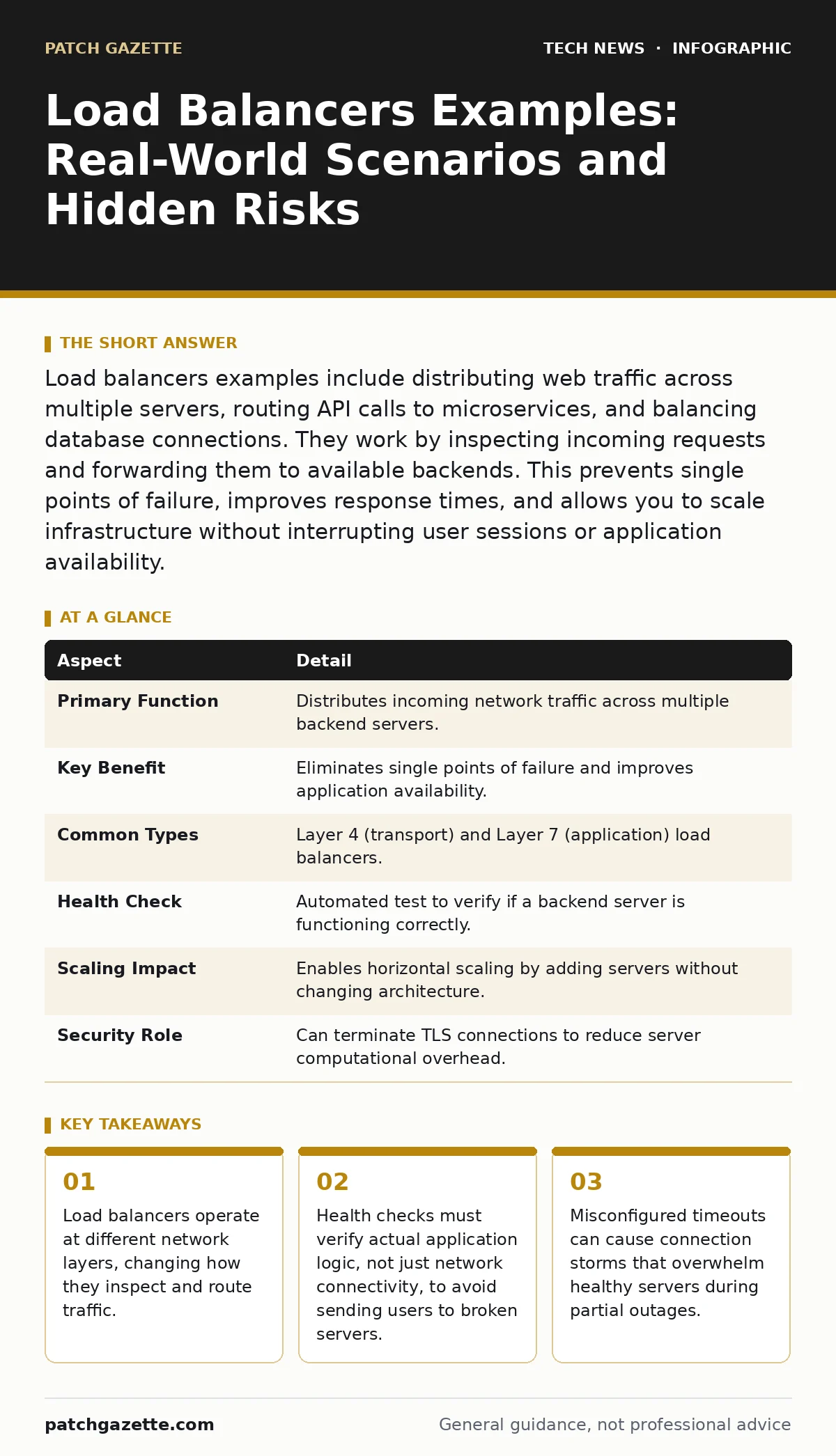Infographic: Load Balancers Examples: Real-World Scenarios and Hidden Risks. Load balancers operate at different network layers, changing how they inspect and route traffic. Health checks must verify actual application logic, not just network connectivity, to avoid sending users to broken servers. M