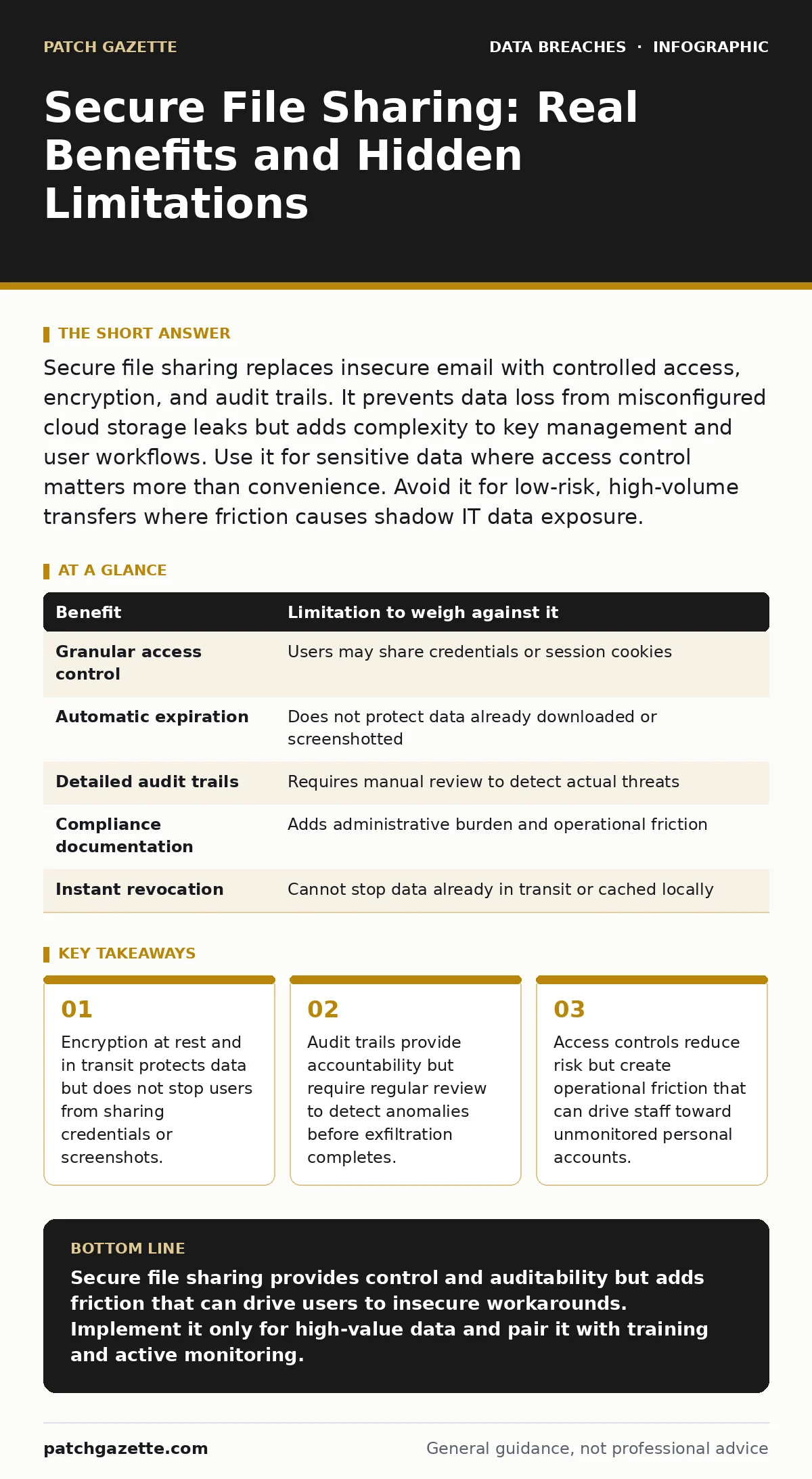 Infographic: Secure File Sharing: Real Benefits and Hidden Limitations. Encryption at rest and in transit protects data but does not stop users from sharing credentials or screenshots. Audit trails provide accountability but require regular review to detect anomalies before exfiltration completes. A