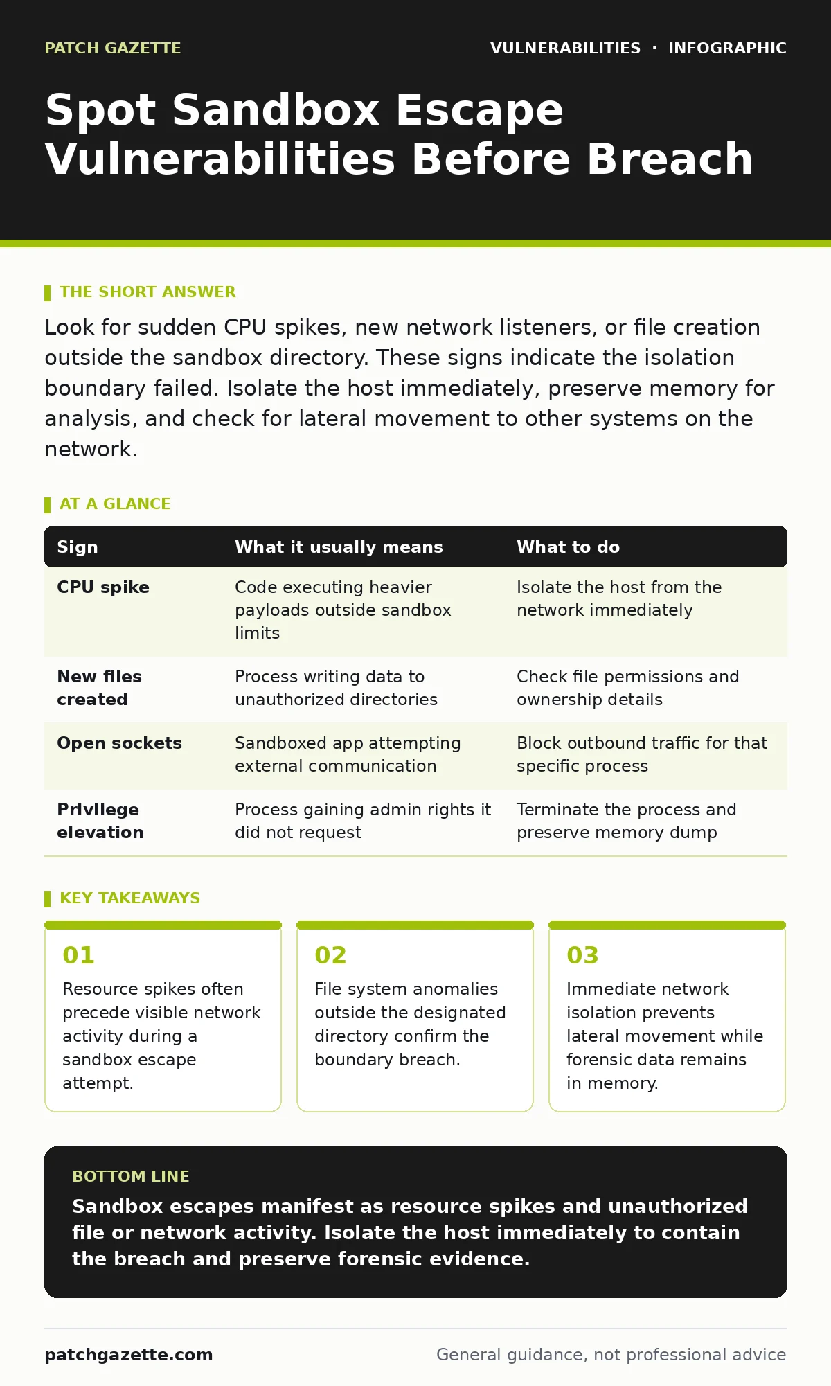 Infographic: Spot Sandbox Escape Vulnerabilities Before Breach. Resource spikes often precede visible network activity during a sandbox escape attempt. File system anomalies outside the designated directory confirm the boundary breach. Immediate network isolation prevents lateral movement while fore